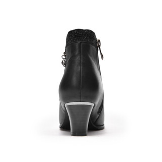 富贵鸟（FUGUINIAO）女靴粗跟头层牛皮坠饰时尚百搭简约G89M111C 黑色 40