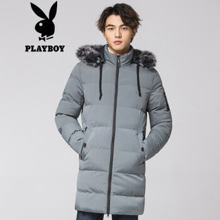 花花公子（PLAYBOY）男中长款棉服2019年新款保暖毛领潮流时尚防寒男大衣男装 68781383 灰色 165/M