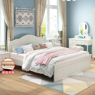 A家家具 床 简约卧室框架双人床 韩式田园浪漫板式木床 平床尾 1.5米床+床垫+床头柜*1 HS001