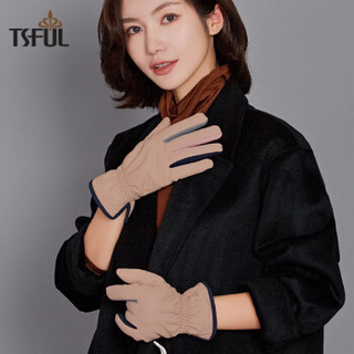 Tsful手套女冬季可爱韩版加绒加厚保暖分指户外骑行运动女士手套 KLQ023STB 束口卡其色