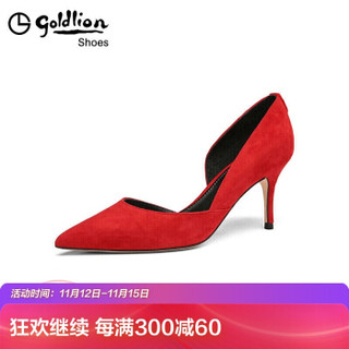 金利来（goldlion）女士尖头细高跟优雅侧空浅口单鞋8196001802-红色-36码