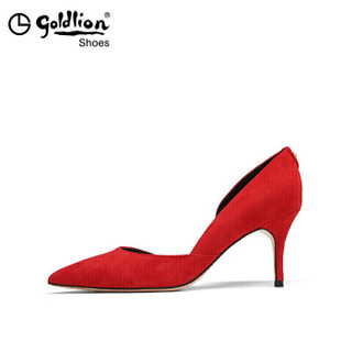 金利来（goldlion）女士尖头细高跟优雅侧空浅口单鞋8196001802-红色-36码