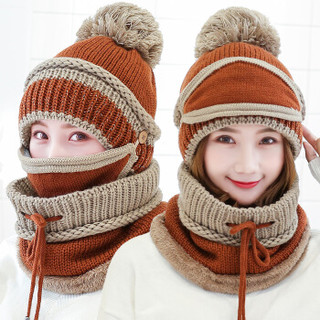 北诺（BETONORAY）毛线帽子女士冬季加绒保暖针织帽系绳收口围脖口罩三件套装 焦糖色