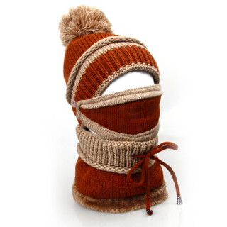 北诺（BETONORAY）毛线帽子女士冬季加绒保暖针织帽系绳收口围脖口罩三件套装 焦糖色