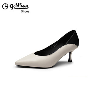 金利来（goldlion）女士尖头浅口单简约撞色工作细高跟鞋62693001521P-米白-35码