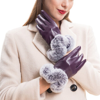 圣苏萨娜手套女冬 保暖加厚加绒獭兔毛口小羊皮 女士触屏皮手套SW-001 紫色 S