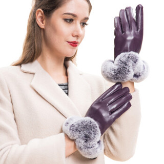 圣苏萨娜手套女冬 保暖加厚加绒獭兔毛口小羊皮 女士触屏皮手套SW-001 紫色 S