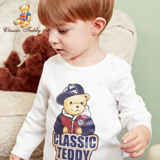 精典泰迪 Classic Teddy 童装儿童长袖T恤男女童打底衫宝宝衣服婴儿上衣T恤N 棒球帽子熊-白色 120