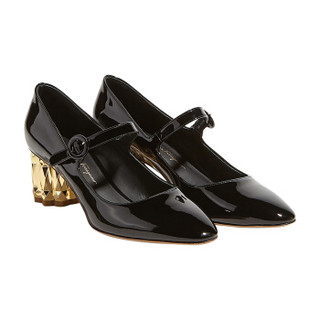 Salvatore Ferragamo 菲拉格慕 经典款女士黑色牛皮革花朵造型鞋跟玛丽珍鞋 0715398_1D _ 75