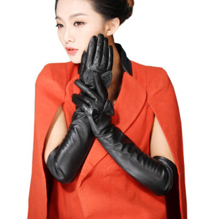 圣苏萨娜羊皮手套女 时尚修手长款蝴蝶结薄款 女士手指触屏手套SW-112 黑色50cm L