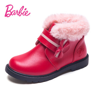 芭比 BARBIE 童鞋 女童棉鞋2019冬季新款儿童加绒加厚二棉鞋子保暖时尚真皮短靴 2806 红色 28码