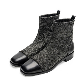莱尔斯丹 le saunda 时尚休闲圆头拼接套脚粗跟切尔西靴 LS 9T24002 黑银色 39