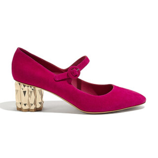 Salvatore Ferragamo 菲拉格慕 经典款女士花朵造型鞋跟紫红色羊皮革玛丽珍鞋 0715405_1D _ 55
