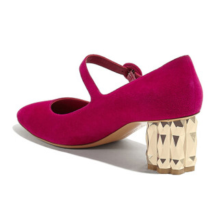 Salvatore Ferragamo 菲拉格慕 经典款女士花朵造型鞋跟紫红色羊皮革玛丽珍鞋 0715405_1D _ 55