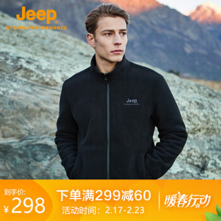 Jeep 男士抓绒衣 秋冬外套男加厚保暖户外运动夹克抓绒上衣 品牌黑 L