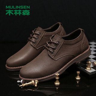 木林森（MULINSEN）潮流男鞋 都市日常男士牛皮休闲鞋绅士皮鞋时尚工装鞋 咖啡 44码 SL97336