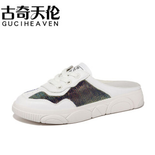 古奇天伦 GUCIHEAVEN 韩版时尚圆头平底拖鞋系带炫彩防水台女鞋 9477 米色 35