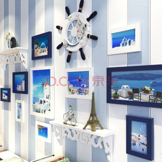 亮丽（SPLENDID）照片墙 相框 11框蓝白款送海舵+置物架 地中海装饰立体墙贴画框 卧室客厅餐厅 组合背景