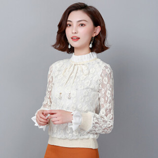 HMDIME 长袖蕾丝雪纺衫 2019秋季新品韩版纯色套头假两件上衣女 YDFH8118 白色 M