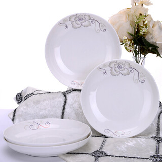 万毅陶瓷餐具 家用盘子陶瓷汤盘(8英寸)中式饭盘陶瓷餐具套装(4只装) 银装素裹