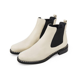 莱尔斯丹 le saunda 商场同款时尚优雅圆头低跟靴切尔西靴SAUNDA8T37406 米白色 37