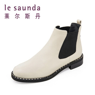 莱尔斯丹 le saunda 商场同款时尚优雅圆头低跟靴切尔西靴SAUNDA8T37406 米白色 34