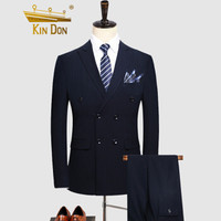 金盾（KIN DON）西服三件套 新品男士西装双排扣竖条纹休闲西服套装QT2018-1-1882蓝色XL