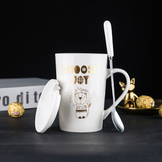 瓷魂 创意陶瓷杯马克杯杯子带盖带勺可爱咖啡杯 白色狮子金边