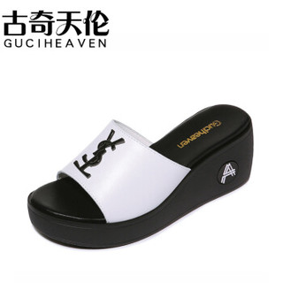 古奇天伦 GUCIHEAVEN 简约时尚露坡坡跟一字型纯色防水台女生拖鞋凉鞋 9017 白色 35