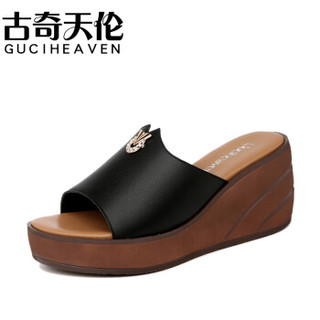 古奇天伦 GUCIHEAVEN 女士韩版露趾坡跟金属装饰纯色一字凉拖鞋 9460 黑色 37