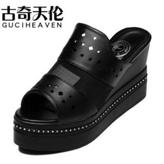 古奇天伦 GUCIHEAVEN 简约时尚鱼嘴网纱厚底镂空防水台女生拖鞋凉鞋 8216 黑色 39