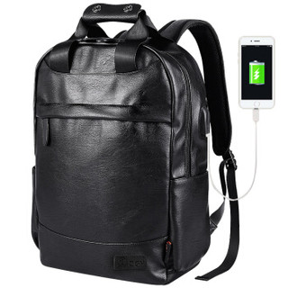 豆鼓眼 电脑包男士皮质两用大容量韩版潮流商务15.6英寸学生USB充电背包G00326黑色