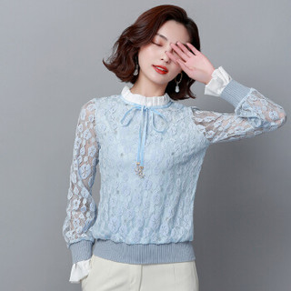 HMDIME 长袖蕾丝雪纺衫 2019秋季新品韩版纯色套头假两件上衣女 YDFH8118 蓝色 2XL