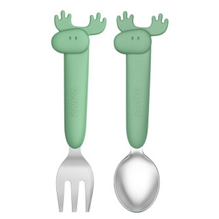 日康（rikang）叉勺 儿童餐具 婴儿餐具卡通不锈钢硅胶叉勺套装（浅草绿）