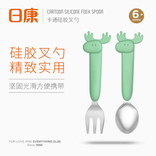 日康（rikang）叉勺 儿童餐具 婴儿餐具卡通不锈钢硅胶叉勺套装（浅草绿）