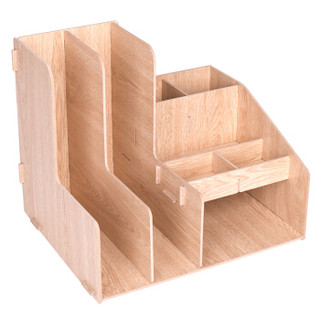 得力(deli)两联多功能组合桌面文件框 木制DIY创意拼装文件栏收纳盒 原木色