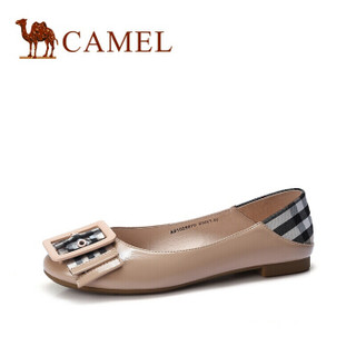 骆驼（CAMEL） 女士 摩登大气方扣格子布混搭套脚单鞋 A91025670 裸色 36