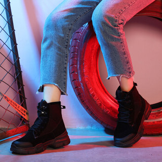 玫蒂莎（MDIS∧）韩版高帮中筒防滑系带加绒保暖平底休闲鞋 B017 黑色 36