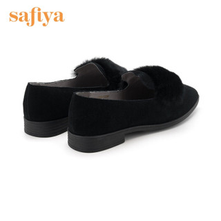 索菲娅（Safiya）专柜同款绒面牛皮舒适圆头低跟浅口毛毛单鞋女SF83112056 黑色 37