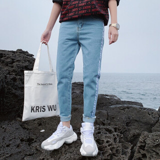 北极绒（Bejirong）牛仔裤男 2019新款韩版夏季薄款织带九分小脚牛仔裤男 D321A-NK124 浅蓝 34