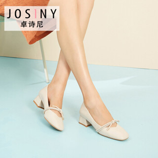卓诗尼女中跟方头浅口水钻纯色休闲时装单鞋J121D913J383 米白色 35