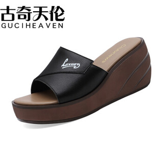 古奇天伦 GUCIHEAVEN 露趾坡跟凉拖厚底一字拖防水台女鞋 9530 黑色 37