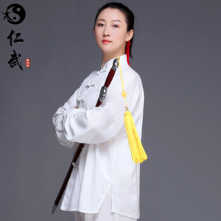 仁武白色L春秋季太极服女竹节麻中国风武术服男太极拳练功服装 棉麻白色 L