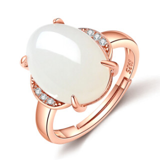 荔尚珠宝 s925银镶和田玉白玉椭圆蛋面玉戒指 abp1538 女款指环活口可