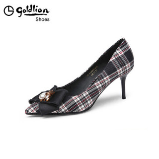 金利来（goldlion）女士尖头时尚英伦风格子布性感细高跟单鞋61983061201P-黑色-37码
