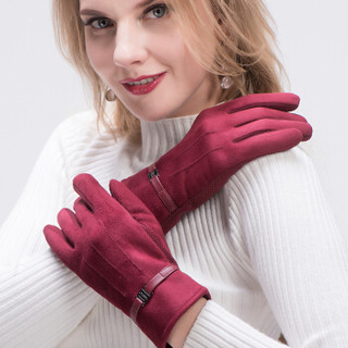 BETONORAY 北诺 手套女冬季双层加绒触屏防滑开车骑行简约时尚保暖女士手套 小皮扣款 酒红色