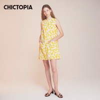 CHICTOPIA CHIC刘清扬19春夏黄色拼接印花无袖圆领复古直筒连衣裙