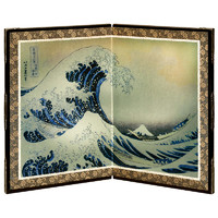 日本 浮世绘 富士山海浪 银色 屏风 匠人手作