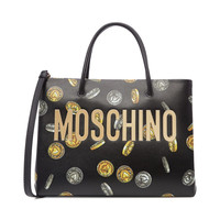 MOSCHINO 莫斯奇诺 黑金牛皮钱币印花托特包