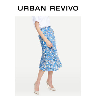 URBAN REVIVO 女士中长款拼色鱼尾半身裙 YL01R5HN2000 蓝色印花 S